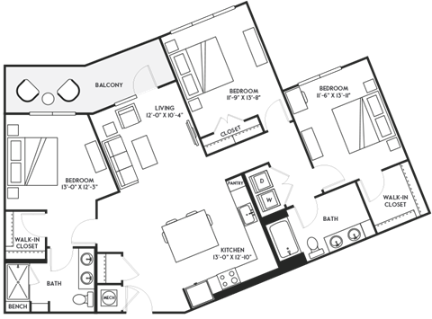 Floor plan for 3 beds, 2 baths, 1500 sqft